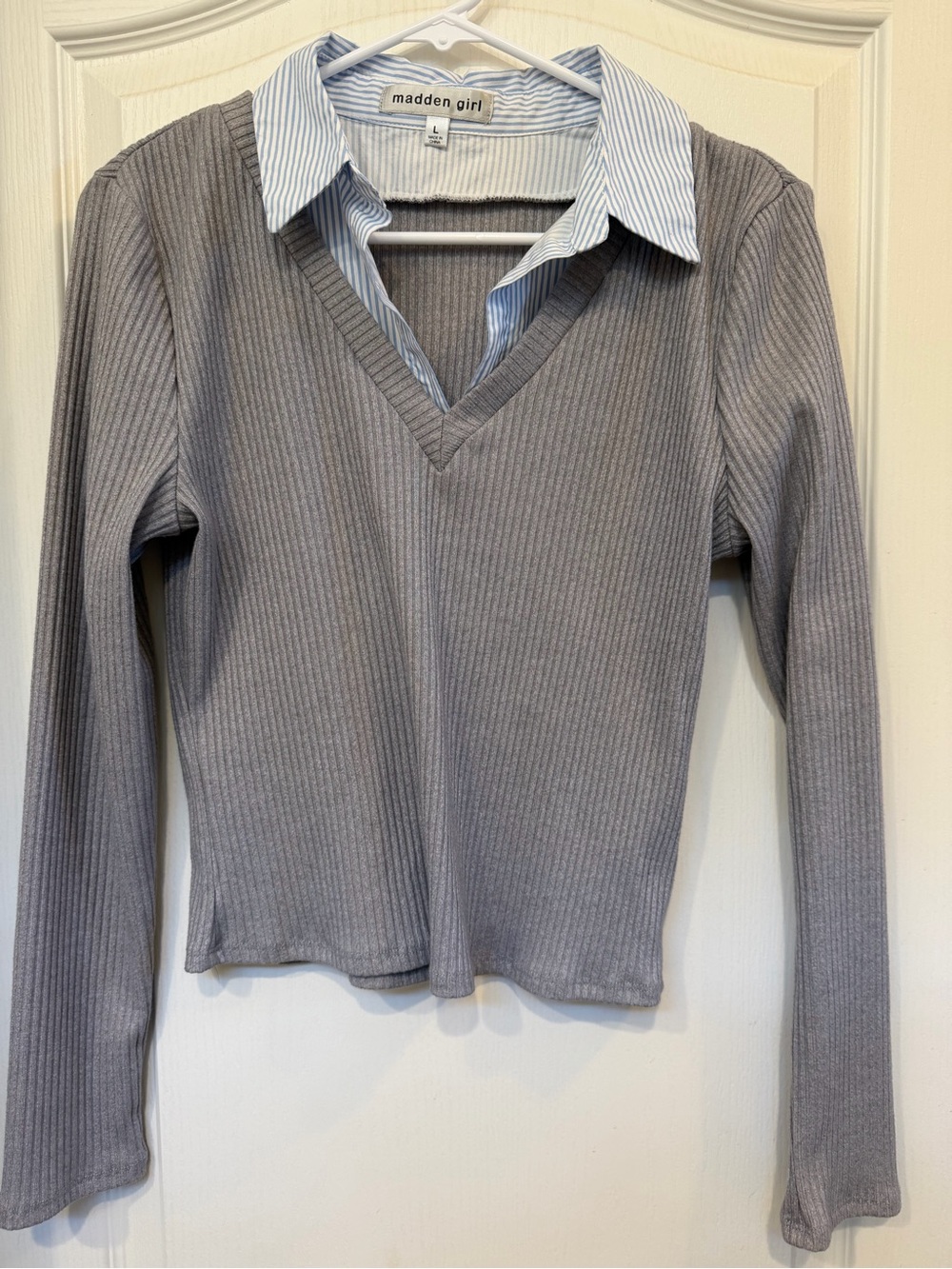 Madden Girl Gray Ribbed Layered Look Collared Top L Blue Stripe Preppy
